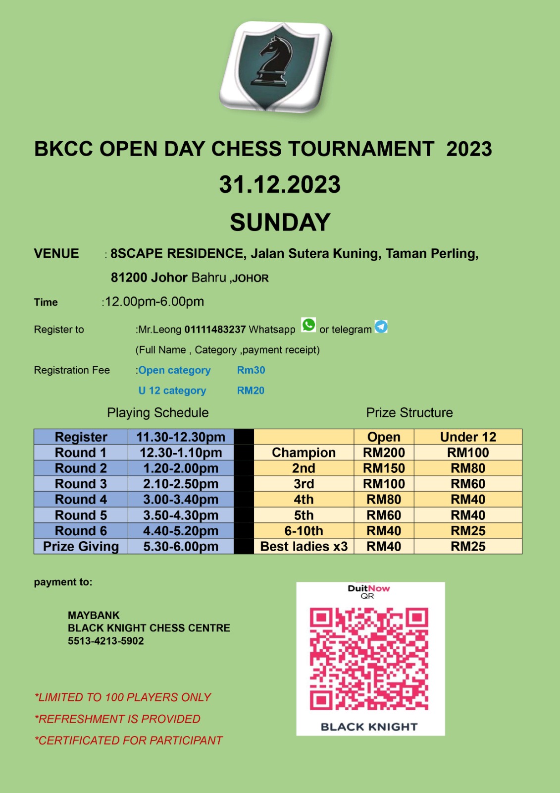 BKCC OPEN DAY CHESS TOURNAMENT 2023