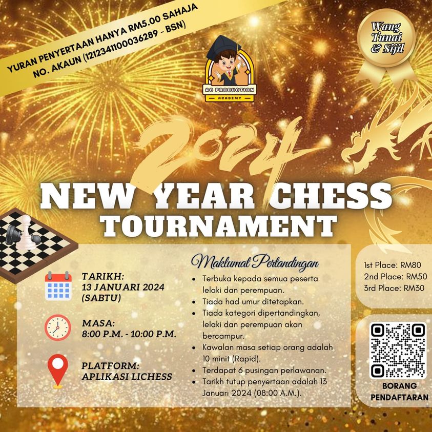 NEW YEAR CHESS TOURNAMENT 2024 (Lichess) Malaysia Calendar Events
