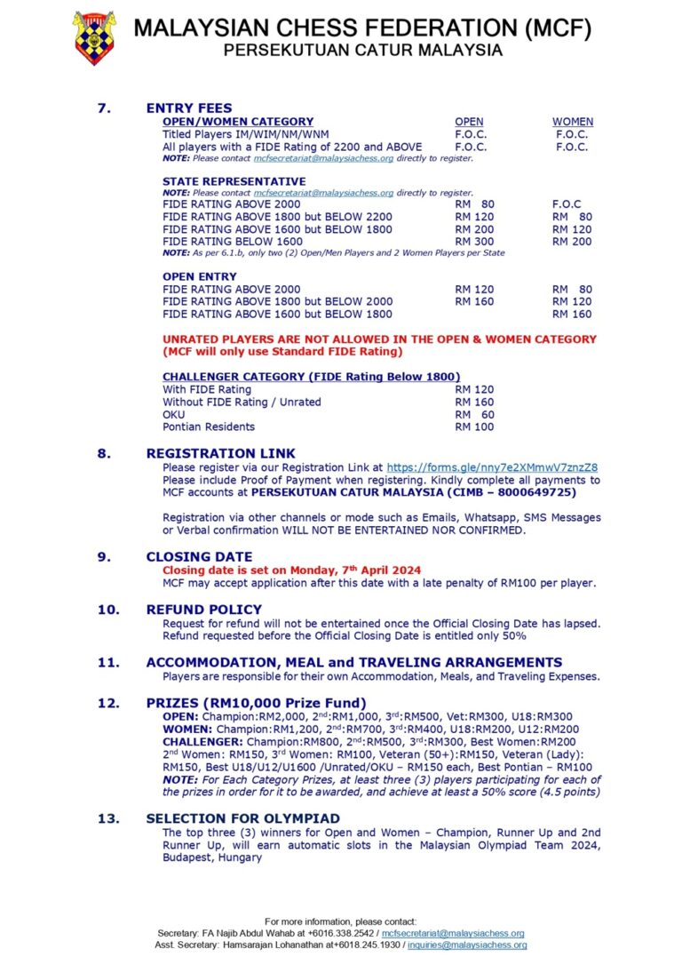 Malaysian Chess Championship 2024 Malaysia Calendar Events