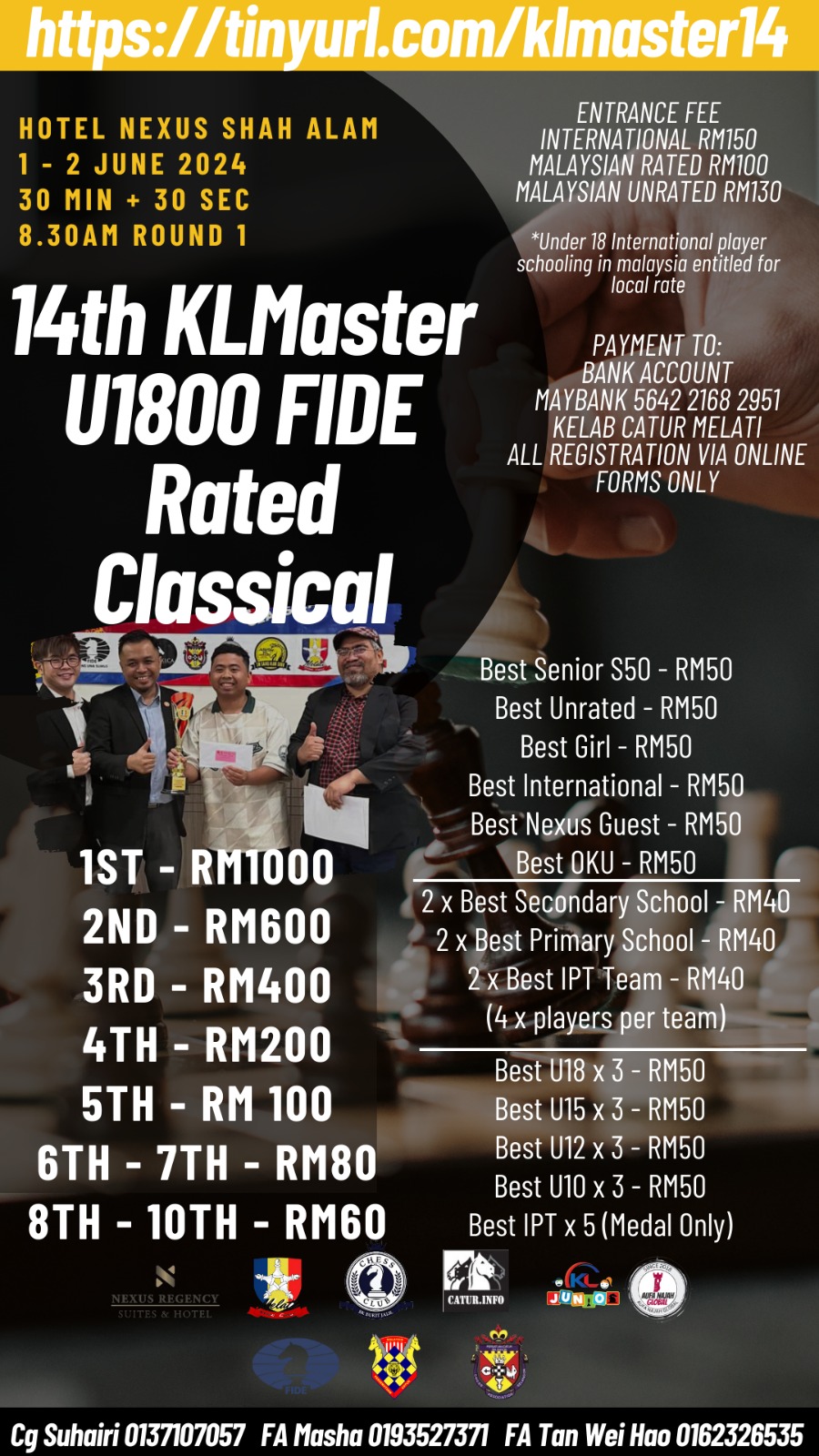 14th KLMaster U1800 FIDE Rated Classical, 1st - 2nd June 2024